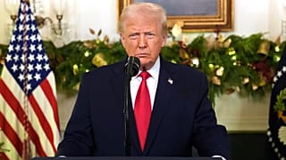 President Donald Trump speaks during an address to the nation from the Diplomatic Reception Room at the White House, Wednesday, Dec. 17, 2025.