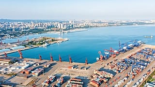 Aerial drone photo of the port of Haikou, Hainan Province, China.