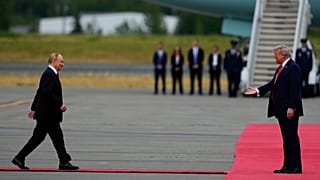 FILE: US President Donald Trump greets Russia's President Vladimir Putin at Joint Base Elmendorf-Richardson, Alaska, 15 August 2025