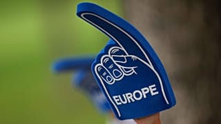FILE - A fan holds up a foam finger during a Solheim Cup golf tournament foursomes match at Robert Trent Jones Golf Club, Friday, Sept. 13, 2024, in Gainesville, VA.
