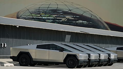 New Tesla Cybertrucks are seen at SpaceX's Starship facility in Starbase, Texas. 13 Oct. 2025.