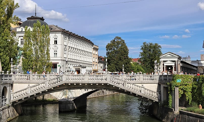 A view of the Triple Bridge in Ljubljana, Slovenia