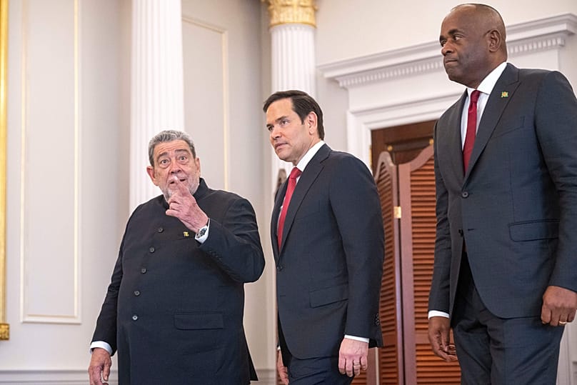 Saint Vincent and the Grenadines PM Ralph Gonsalves walks with US Secretary of State Marco Rubio, and Dominica PM Roosevelt Skerrit at the State Department, May 6, 2025