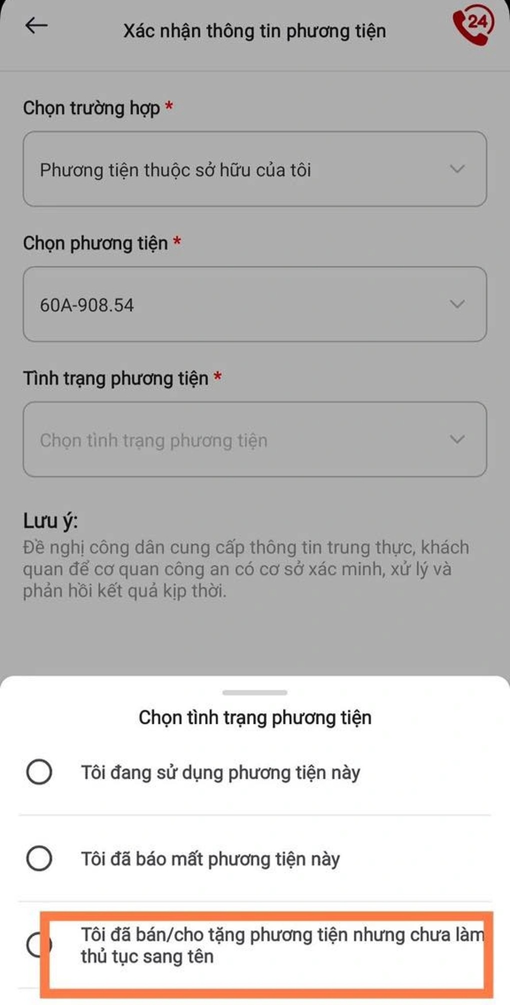 Cách khai báo tình trạng phương tiện đã bán hoặc bị mất cắp - 5