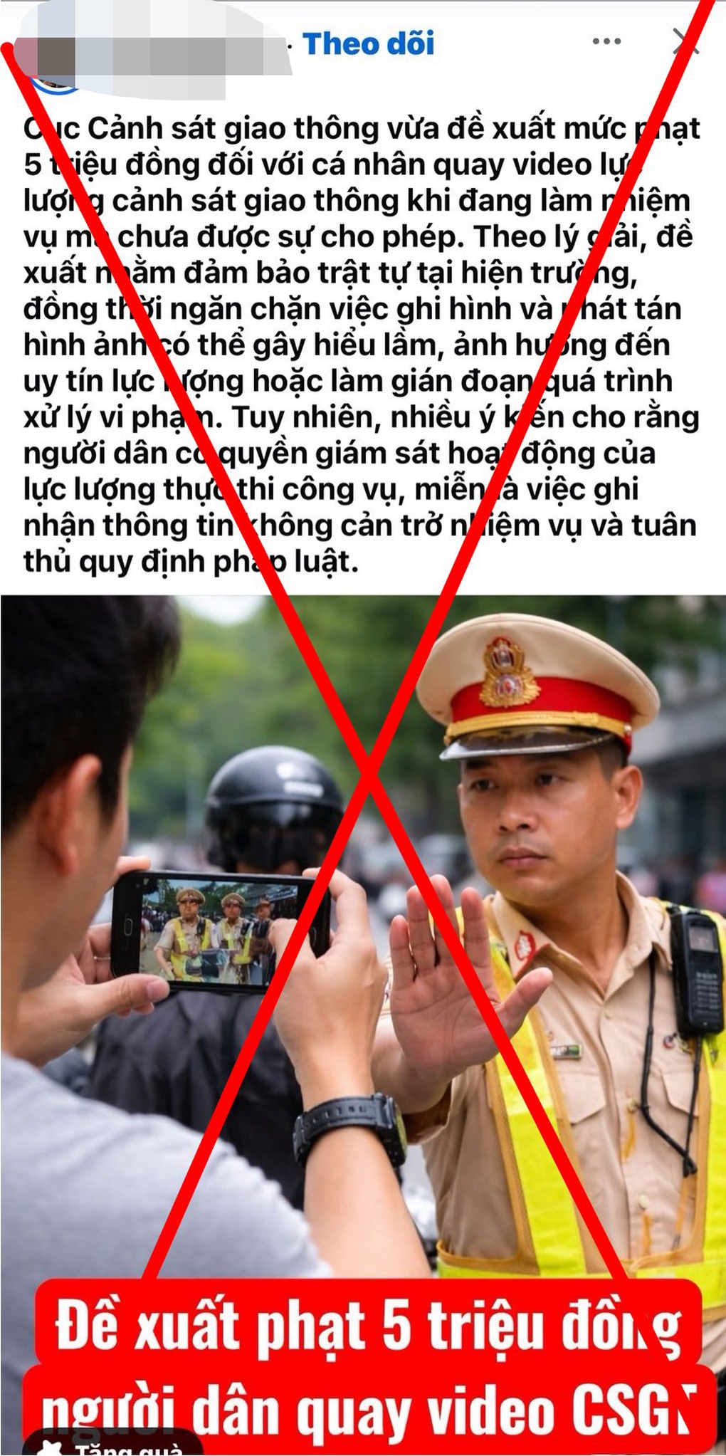 Tin đề xuất phạt 5 triệu đồng người tự ý quay CSGT làm việc là bịa đặt - 1